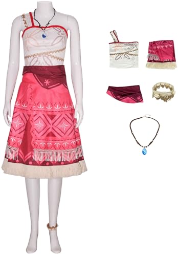 Foanja Vaiana Cosplay Kostüm mit Kette Damen Verkleidung Meer Abenteuer Prinzessin Moana Outfit und Fußkettchen Perücke für Fancy Dress Up Halloween Karneval Weihnachten Geburtstag Party Costume von Foanja