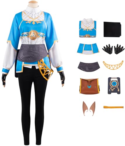 Foanja Zelda Cosplay Kostüm Damen Verkleidung Tears of The Kingdom Zelda Prinzessin Deluxe Komplett Kampf Uniform mit Zubehör für Fancy Dress Up Halloween Karneval Geburtstag Party Maskerade Costume von Foanja