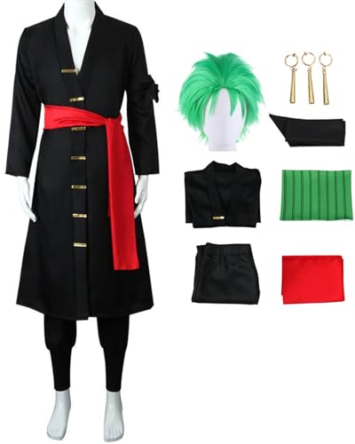 Foanja Zoro Kostüm Herren Verkleidung Anime König der Diebe Zoro Samurai Uniform mit Ohrringe für Dress up Halloween Karneval Geburtstag Party Maskerade Fancy Costume, Schwarz von Foanja