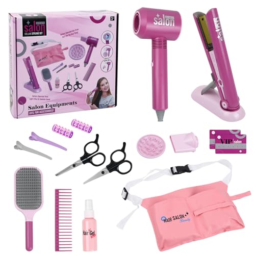 Focenat 15 Stück Friseur Set Kinder Mädchen Spielzeug, Spielen Sie Friseurspielzeug-Kit mit Fön, Lockenstab und Accessoires, Friseurkoffer Schminkset Spielzeug Geschenk für Mädchen ab 3 -8 Jahret von Focenat