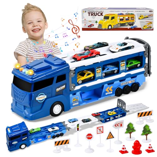 Focenat Autotransporter Spielzeug,Wheels Transporter mit 6 Rennautos,LKW mit Autos Spielzeug,Auto Kinder Spielzeug mit Lichtern und Sound,Geschenk für 3 4 5 6 7 8 9 10-12 Jahre Kinder von Focenat