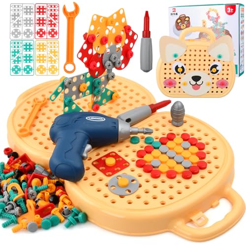 Focenat Montessori Spielzeugkiste, Montessori Play Toolbox, Bohrmaschine Kinder, Kreativ Spielzeug, Werkzeugkoffer Kinder, 3D Puzzle Spiel, Montessori Spielzeug ab 3 Jahre, Hund von Focenat