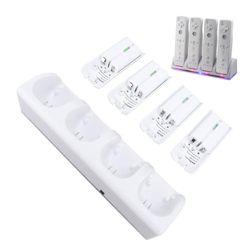 Fockety Fernbedienungsladestation für Wii, 4 Port Wii Ladestation mit 4 Wiederaufladbaren Akkus für Wii, 4 Port Ladestation mit USB Kabel für Fernbedienungs Ladestation (White) von Fockety