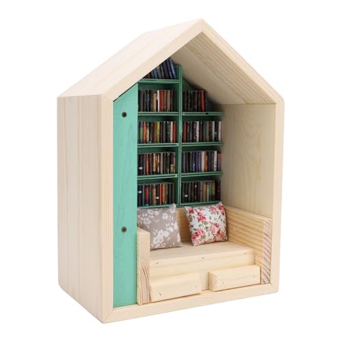 Holz-Bücherregal, Kleines Haus-Set mit 200 Büchern und 2 Kissen, Handgefertigtes Mini-Haus für die Inneneinrichtung, Miniatur-Bücherecken-Set für Zimmer, Arbeitszimmer, Wohnzimmer von Fockety