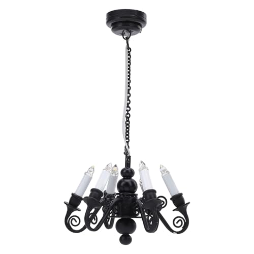 Puppenhaus-Miniatur-Deckenlampe, Puppenhaus-Kronleuchter Im Maßstab 1:12, 6 Köpfe Hängende Deckenleuchte, Puppenhaus-Möbelzubehör für Puppenhaus-DIY-Dekoration (Black) von Fockety