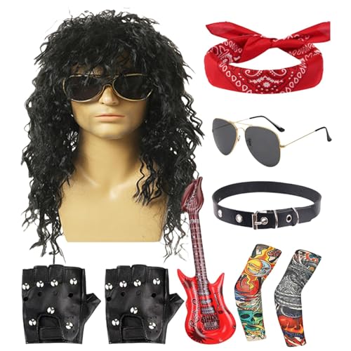 Foeirp 80er Rocker Kostüm für Herren | 70er 80er Rocker Perücken Männer Hippie Perücke mit Bandana Sonnenbrille Halloween 80er Rocker Star Kostüm Set Herren Rocker Heavy Metal Kostüm für Rockkonzert von Foeirp