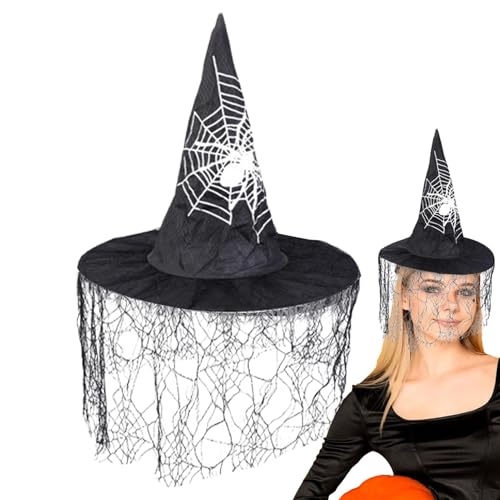 Foeirp Halloween-Hexenhut, schwarze Hexe, Spitzkappe, Halloween-Kostüm, Kostüm-Zubehör, Hexen-Outfits, breite Krempe, Hexenhüte mit Schleier, 41,5 x 36 cm von Foeirp