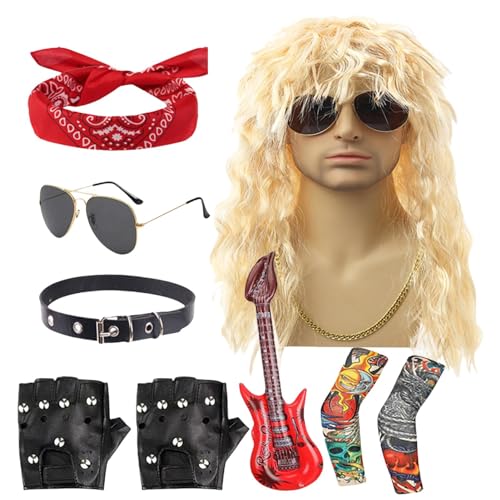 Foeirp Rocker Kostüme Set - Metall Disco Kostüm Zubehör - Herren Hippie Perücke mit Bandana Sonnenbrille 70er 80er Rocker Perücken Männer Kostüm Set für Rollenspiele Karneval von Foeirp