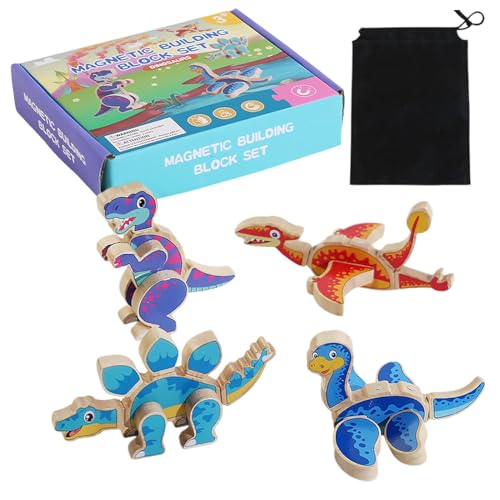 Hölzerne Dinosaurier-Tierpuzzles, Bunte interaktive Dinosaurier-Puzzles, magnetische Dinosaurier-Puzzles, hölzerne Dinosaurier-Blöcke mit Aufbewahrungstasche, für Kinder, und Mädchen von Foeirp