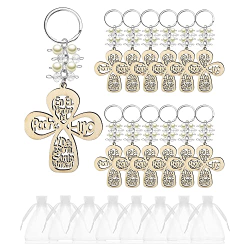 Foemey 20 Stück Schlüsselanhänger zur Taufe, Kreuz aus Holz, Schlüsselanhänger zur Taufe, mit Tasche für Kommunion von Foemey