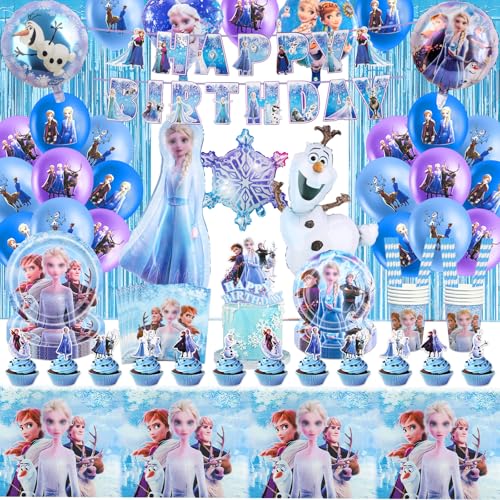 105Pcs Pappteller Kindergeburtstag Deko Froze-n Geburtstag Partygeschirr Set Els Geburtstagsdeko Geschirr Prinzessin Party Ballon Deko Tischdecke Servietten Teller Becher Luftballon Banner Tortendeko von Foesihep