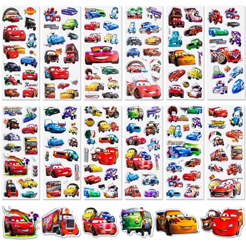 Cars Sticker für Kinder-12 Blätter Lightning McQueen Sticker Vinyl 3D Puffy Aufkleber Auto Wasserfest Geschwollen Stickers Deko Set Mitgebsel Kindergeburtstag Jungen für Laptop Skateboard Scrapbook von Foesihep