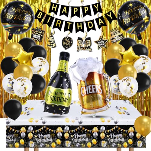 Foesihep Schwarz Gold Luftballon Geburtstag Deko Männer Frauen - Schwarz Gold Ballon Geburtstagsdeko Girlande Folienballon Happy Birthday Banner Hängen Wirbel Mädchen Junge Kindergeburtstag Party Deko von Foesihep