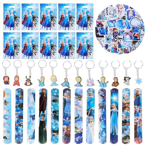 Frozen Mitgebsel Kindergeburtstag-84pcs Elsa Spielzeug Set mit 50 Eiskönigin Aufkleber 12 Schlüsselanhänger 10 Geschenktüten 12 Schnapparmband für Geschenk Kinder Geburtstag Deko Party Zubehör Mädchen von Foesihep