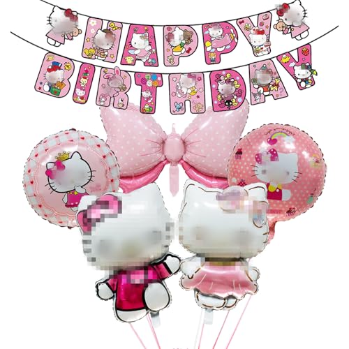 Hello Geburtstagsdeko Mädchen Kit- ty Luftballons Geburtstag Ballons Deko Happy Birthday Banner Kurom Folienballons Kindergeburtstag Partyzubehör für Kinder Kurom Theme Party Supplies Deko von Foesihep