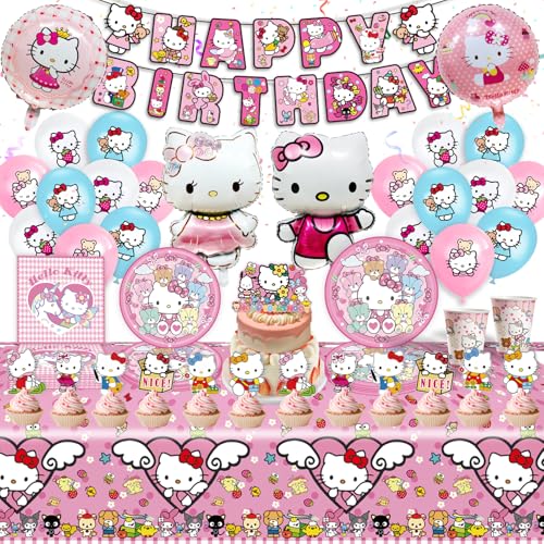 Kitty Geburtstagsdeko Set, Partygeschirr Kindergeburtstag Kitty Party Deko Geburtstagsdeko Kit Geburtstagsdeko Luftballon Banner Pappteller Folienballon Servietten Tortendeko Kuchen für Kinder Mädchen von Foesihep