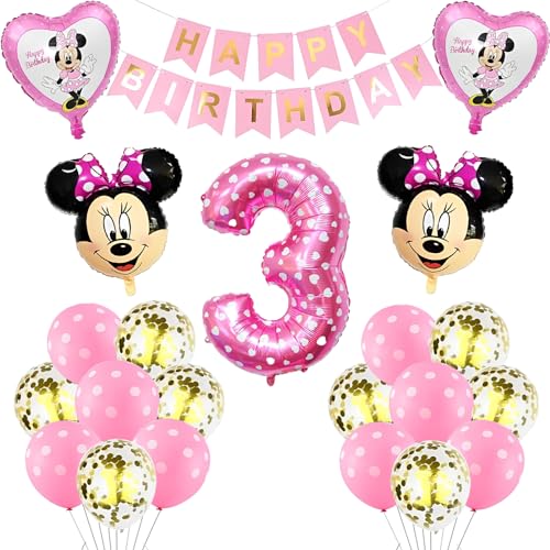 Minnie Geburtstagsdeko 3 Jahre, Rosa Geburtstag Deko Set mit Minnie Luftballon 3. Geburtstag Birthday Dekorationen, Minnie Luftballons Geburtstag Kindergeburtstag Deko Birthday Party Supplies von Foesihep