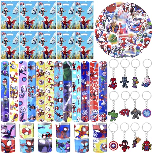 Mitgebsel Kindergeburtstag Spidey- 92Pcs Spider Spielzeug Set mit 58 Aufkleber 12 Schlüsselanhänger 10 Geschenktüten 12 Schnapparmband Kinder Mitbringsel Geschenk Spidey Party Zubehör Geburtstag Deko von Foesihep