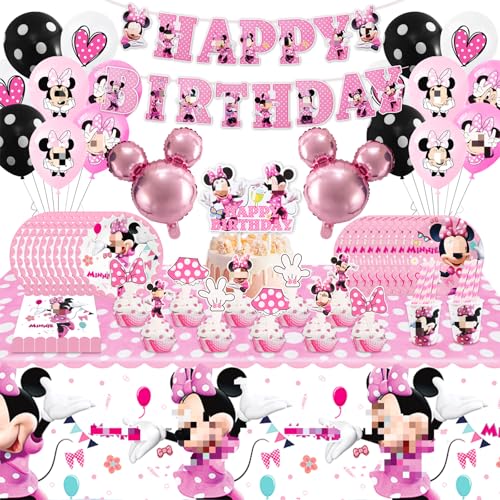 Partygeschirr Kindergeburtstag 103Stück Minnie Party Deko Geburtstagsdeko Geburtstag Geschirr Kit Geburtstagsdeko Rosa Partygeschirr Luftballon Banner Pappteller Pappbecher Geburtstagsdeko für Kinder von Foesihep