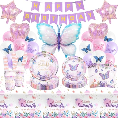 Schmetterling Pappteller Kindergeburtstag Deko Mädchen- Schmetterling Geburtstag Partygeschirr Set Geburtstagsdeko Geschirr Tischdecke Servietten Girlande Luftballon Tortendeko Party Deko für 16 Gäste von Foesihep