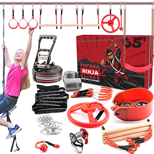 Fofana Ninja Warrior Obstacle Course for Kids Outside 65 FT - Ninja Slider Included - Largest 11 Ninja Course Obstacles - Climbing Ladder, Spinning Wheel, Gym Ring von Fofana