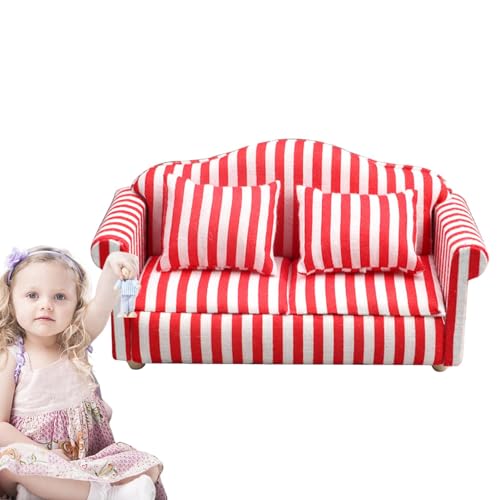 Fogukier Puppenhaus-Sofa-Set, Puppenhaus-Couch, Mini-Puppenhausmöbel im Maßstab 1:12, Couch und Stuhl, Miniatursofa aus Holzstoff, rote und weiße Streifen, hochsimuliertes Kinderspielzeug für Mädchen von Fogukier