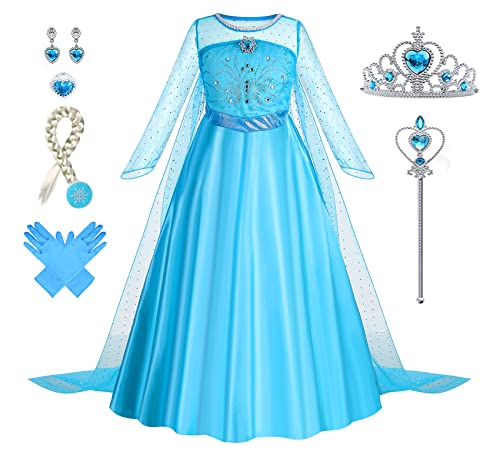 Foierp Elsa Kostüm Mädchen: 9-teiliges Set Elsa Kleid mit Krone Diadem Zauberstab Handschuhe für Halloween Cosplay Weihnachten Geburtstag Party von Foierp