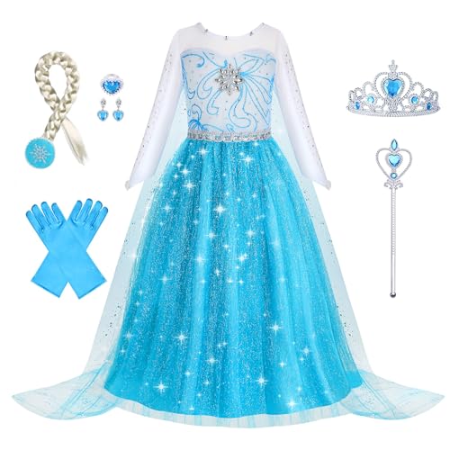 Foierp Elsa Kostüm Mädchen: 9-teiliges Set Elsa Kleid mit Krone Diadem Zauberstab Handschuhe für Halloween Cosplay Weihnachten Geburtstag Party von Foierp