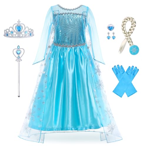 Foierp Elsa Kostüm Mädchen: 9-teiliges Set Elsa Kleid mit Krone Diadem Zauberstab Handschuhe für Halloween Cosplay Weihnachten Geburtstag Party von Foierp