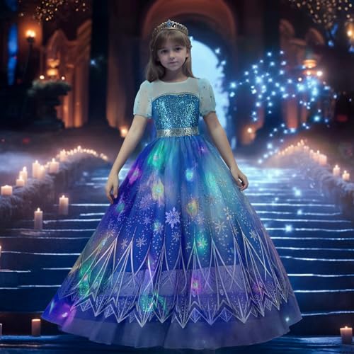 Foierp Light Up Princess Dresses for Girls Elsa Dress up for Kids Princess Snow Queen Costume with Skirt Hem for Bithday Party Halloween Christmas Carnival von Foierp