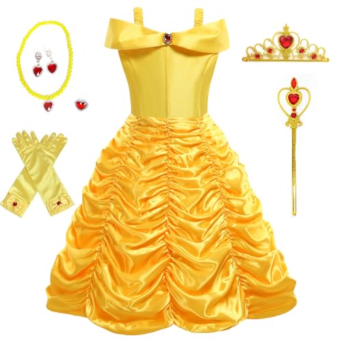 Foierp Prinzessin Belle Kostüme Mädchen Drop Shoulder Belle Kleid mit Handschuhe Diadem Zauberstab Halskette Ringe, Kinder Cosplay Halloween Party Verkleiden, 2-10 Jahre von Foierp