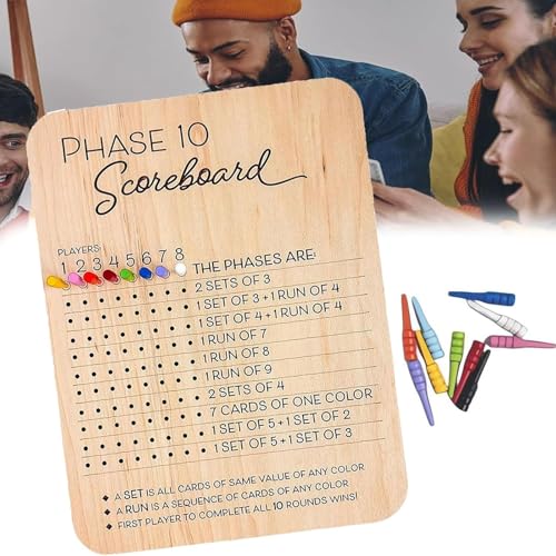 Fokayo Phase-10-Punktetafel, hölzerne Phase-10-Scorekarte und Rundenzähler, Phase-10-Würfelkarten-Spielergebnisbögen mit 8 farbigen Stiften (1Pc) von Fokayo