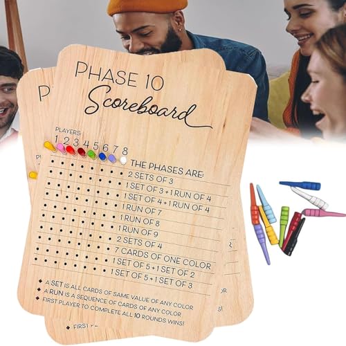 Fokayo Phase-10-Punktetafel, hölzerne Phase-10-Scorekarte und Rundenzähler, Phase-10-Würfelkarten-Spielergebnisbögen mit 8 farbigen Stiften (2Pcs) von Fokayo