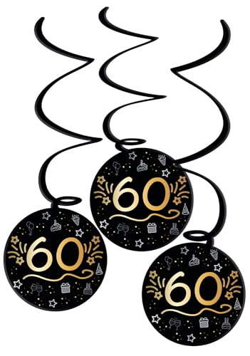 Folat 25064 Party Deko Schwarz Gold Silber-Hängdekoration-60-Shining Glam-3 Stück-Für Geburtstag, Jubiläum, 60 Jahre von Folat