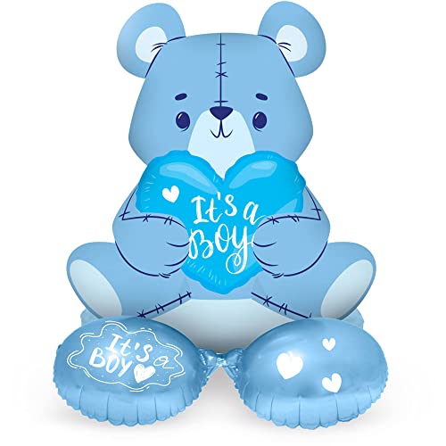 Folat 65860 Bär Junge Blau 61 cm-Stehender, süßes Ballon-Set, Baby Boy Luftballon, Folienluftballon für Babyparty, Geburt, Kindergeburtstag, Geschenk-Deko von Folat