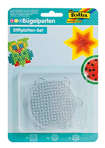 folia 73211 - Bügelperlen Stiftplatten Mix, BASIC SMALL, 3 Motive sortiert, 3 transparente Steckplatten für Bügelperlen mit einem Durchmesser von 5 mm, Kreis, Quadrat und Stern von folia