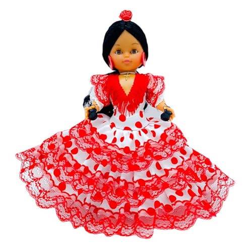 Folk Artesanía Regionale Puppe Kollektion 35 cm mit Blume Typisches Kleid Andalusien Andalusien Spanien, Neu und Original (Weiß gepunktet Rot) von Folk Artesanía