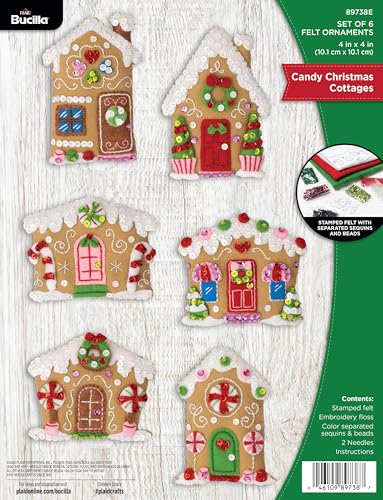 FolkArt, Bucilla 89738E Candy Christmas Cottages, Filz-Applikation, 6-teiliges Ornament-Bastelset, perfekt für DIY Kunst und Handwerk von FolkArt