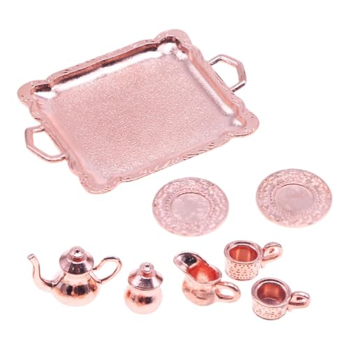 Folpus 8Pcs Puppenhaus Miniatur Tee-Set Puppe Haus Zubehör Kinder Spielset Modell für 1/12, Roségold von Folpus