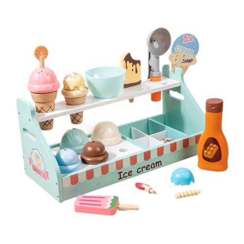 Folpus Eiscreme-Spielzeugset, Lebensmittel-Spielzeugset, Lernaktivität mit Holzständer, Spielküchenzubehör, Eistheke für Vorschulkinder von Folpus