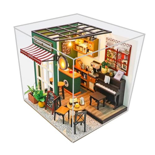 Folpus Puppenhaus-Miniatur-Café mit Möbeln und Zubehör, Kunsthandwerk, staubdichte Abdeckung, 3D-Holzpuzzle für Kinder und Erwachsene von Folpus