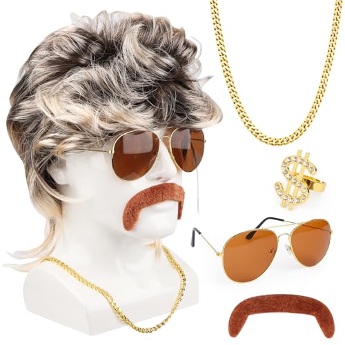 Fonyet 80er Jahre Outfit Herren Vokuhila Perücke Herren 70er 80er Perücke Accessoires mit Schnurrbart, Halskette, Ring und Sonnenbrille für Cosplay, Halloween, Kostümfeste Usw von Fonyet