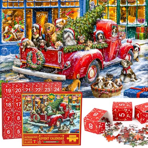 Adventskalender 2024 Weihnachts Jigsaw Puzzle 1008 Teile 70 x 50 cm Weihnachtspuzzles Adventskalender 24 Tage Countdown Hunde zu Weihnachten Jigsaw Puzzle für Kinder Erwachsene (Dogs) von Fonyet