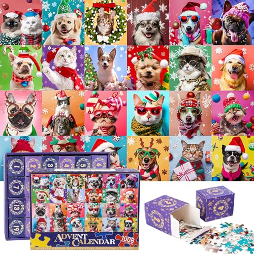 Adventskalender 2024 Weihnachts Jigsaw Puzzle 1008 Teile 70 x 50 cm Weihnachtspuzzles Adventskalender 24 Tage Countdown Katze und Hund Weihnachten Jigsaw Puzzle für Kinder Erwachsene von Fonyet