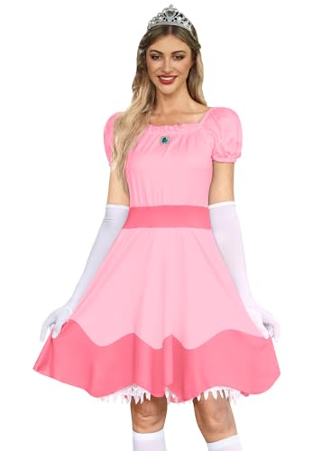 For G and PL Damen Karneval Quadratischer Kragen Puffärmel Rosa Prinzessin Kleid mit Krone Cosplay Party Kostüm S von For G and PL