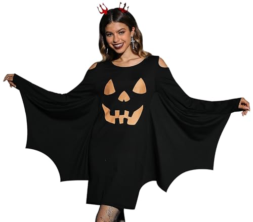 For G and PL Halloween Damen Cosplay Kleid Party Fledermaus Kostüm Kürbis Kalte Schulter Schwarz XL von For G and PL