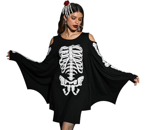 For G and PL Halloween Damen Fledermaus Kostüm Drucke Cosplay Kleid Skelett Langarm Kalte Schulter Schwarz M von For G and PL