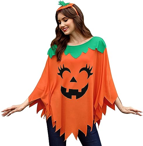 For G and PL Halloween Damen Kürbis Umhang Orange Poncho mit Kopfschmuck Party von For G and PL