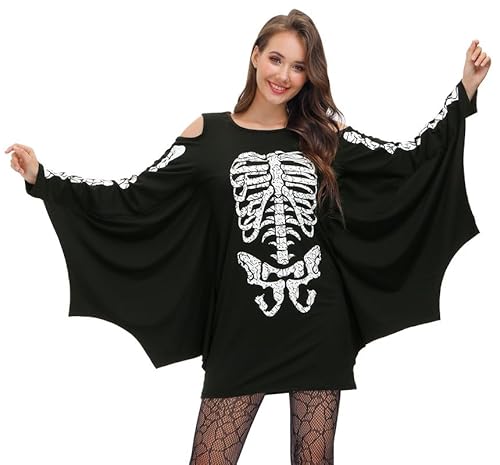 For G and PL Halloween Damen Langarm Cosplay Kleid Skelett Drucke Kalte Schulter Fledermaus Kostüm Schwarz S von For G and PL