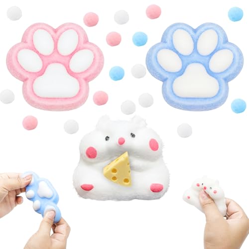 Forbabe 3 Stück Stress Katzenpfoten Hamster, Süße Squishy Hamster mit Käse Funny Squishy Katze Pfote mit Mini Stressbäll Silikon Pfote Squishy Hamster für Erwachsene Kinder zum Geburtstagsgeschenk von Forbabe